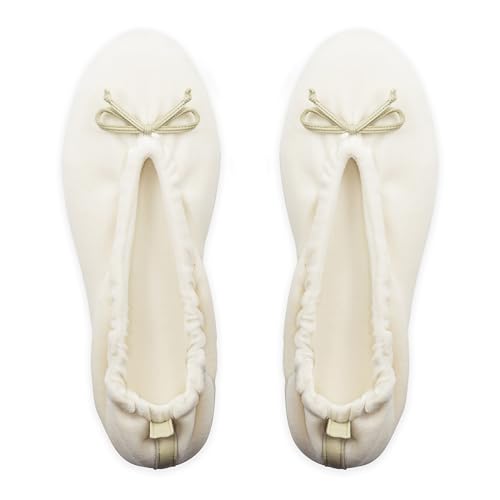 GLOVE STORY Damen-Ballerina-Hausschuhe aus Samt mit weicher Ledersohle und Schleife – elegantes, weiches und bequemes Material – weiche Damen-Ballerina-Hausschuhe – handgefertigt (Beige M) von GLOVE STORY