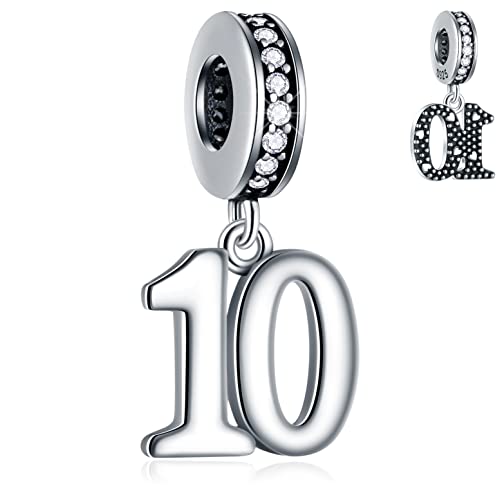 10-Jahres-Jubiläum Dangle Charms passt Pandora Weihnachten Armband Halskette, 925 Sterling Silber 10th Geburtstag Anhänger Perlen mit Geburtssteinen, Nummer 10 Bday Geschenk für Tochter/Sohn/Mädchen von GLOWDAS