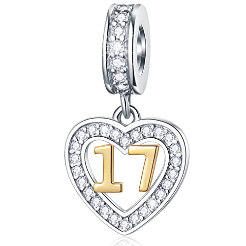 17 Jahre alte Geburtstag Charms passen Pandora Schlange Kette, 18K goldene Zahl 17 Dangle, 925 Sterling Silber 17th Anniversary Herz Halskette Anhänger mit Geburtssteinen CZ, Geschenke für Göttin/Sohn von GLOWDAS