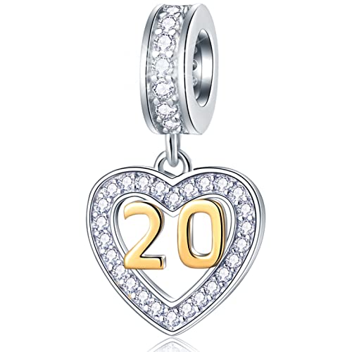 20th Anniversary Charms fit Pandora Frauen Armband, 18K goldene Zahl 20 Dangle, 925 Sterling Silber 20 Jahre Geburtstag Herz Halskette/Anhänger Perlen mit Geburtssteinen, Geschenke für Frau/Braut von GLOWDAS