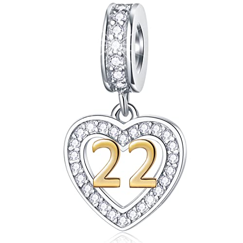 22 Jahre alte Geburtstag Charms passen Pandora DIY Armband, 18K goldene Zahl 22 Dangle, 925 Sterling Silber 22nd Jubiläum Herz Halskette Perlen mit CZ, Geschenke für Tante/Stiefmutter/Stiefmutter von GLOWDAS