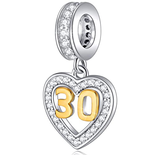 30th Anniversary Charms fit Pandora Frauen Armband, goldene Zahl 30 Dangle, 925 Sterling Silber 30th Geburtstag Herz Halskette Perlen mit Geburtssteinen CZ, Geschenke für beste Mama/Papa/Godmother von GLOWDAS