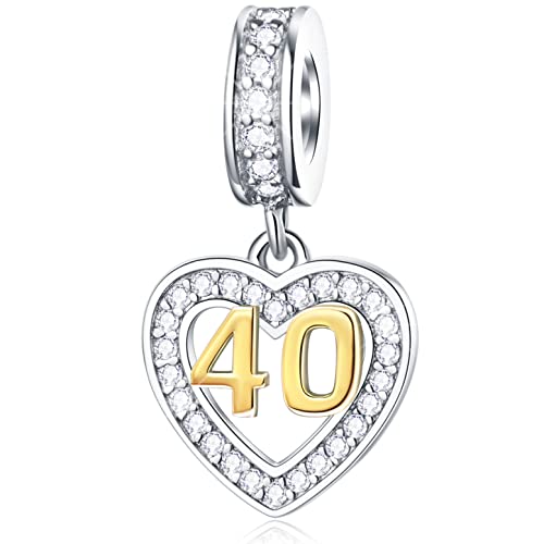 40th Anniversary Charms passen meine erste Pandora Muttertag Armband, 18K goldene Zahl 40 Dangle, 925 Sterling Silber 40th Geburtstag Herz Halskette Perlen mit CZ, Geschenke für Mama/Damen/Freunde von GLOWDAS