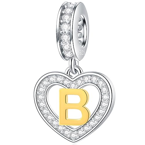 Buchstabe B Charms Initial Halskette Anhänger, 18K Vergoldet Letra b, 925 Sterling Silber Herz Alphabet Dangle CZ Perlen, passen Pandora Geburtstag Armband, Geschenke für Bruder/Junge Geburtstag/BFF von GLOWDAS