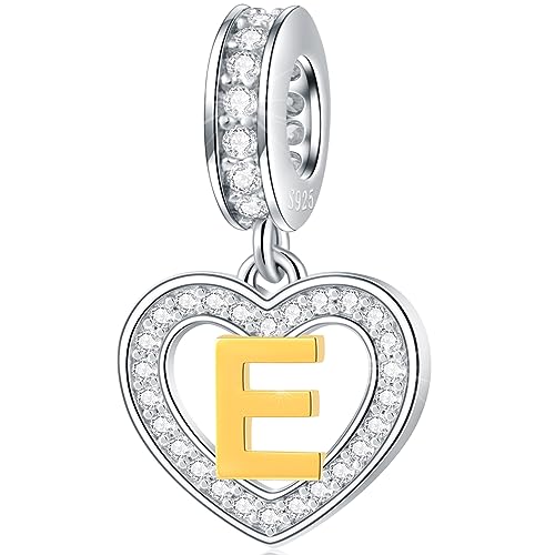 Buchstabe E Charms Initial Halskette Anhänger, 18K Vergoldet Letra e, 925 Sterling Silber Herz Alphabet Dangle CZ Perlen, passen Pandora Engagement Armband, Geschenke für Esposa/Esposo/Brautjungfer von GLOWDAS