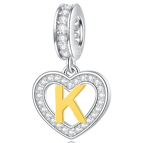 Buchstabe K Charms Initial Halskette Anhänger, 18K Vergoldet Letra k, 925 Sterling Silber Herz Alphabet Dangle CZ Perlen, passen Pandora Moments Armband, Geschenke für Kinder/Oma/Nichte von GLOWDAS