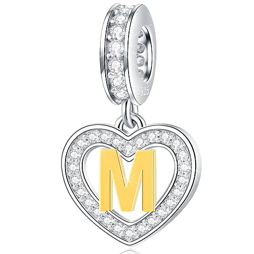 Buchstabe M Charms Initial Halskette Anhänger, 18K Vergoldet Letra m, 925 Sterling Silber Herz Alphabet Dangle CZ Perlen, passen Pandora Muttertag Armband, Geschenke für Oma/Beste Mama/Gedenkstätte von GLOWDAS