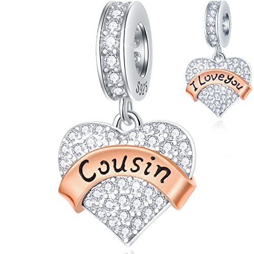 Cousine Charms Dangle fits Pandora Armband Armreif, 925 Sterling Silber Ich liebe Sie Cousin Perlen, Pave CZ Herz Anhänger mit Rose Gold Banner, Geschenke für Mädchen/Jungen/Onkel von GLOWDAS