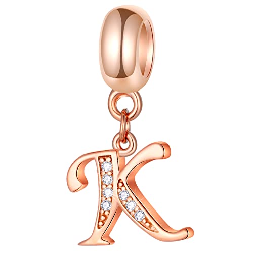 GLOWDAS Rosegold Buchstabe K Charms Alphabet Perlen, 925 Sterling Silber Initial K Dangle CZ Letter Halskette Anhänger Passform Pandoras Lederarmbänder, für Kinder/St. Patricks Day Geschenke von GLOWDAS