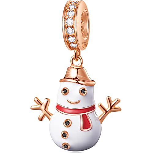 Rosegold Glücklicher Schneemann Anhänger Weihnachts Charms, fit Pandora Weihnachten Armband Halskette, 925 Sterling Silber Christmas Snowman CZ Perlen, Geschenk für Mutter Kind/Tochter/Sohn von GLOWDAS