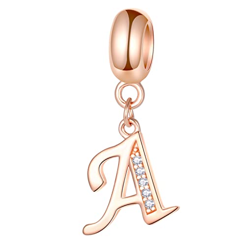 Rosegold Buchstabe A Charms Alphabet Anhänger Perlen, 925 Sterling Silber Letter Dangle Initial A-Z mit CZ passt Pandora Mütter Tag Armband/Halskette, Geschenke für Tante/Jubiläum/Tante von GLOWDAS