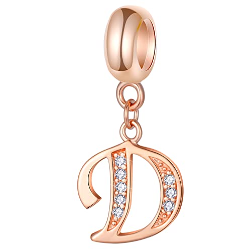 Rose Gold Buchstabe D Charms Alphabet Perlen, 925 Sterling Silber Initial D Anhänger CZ Geburtsstein passt Pandora Letter Armband, für Papa/Papa/Tochter Geschenke Halskette Schmuck von GLOWDAS