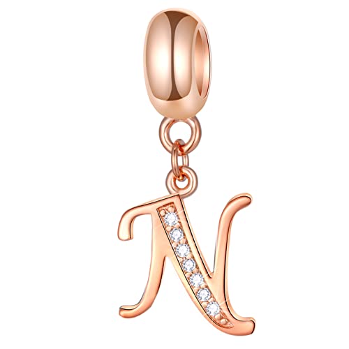 Roségold Buchstabe N Charms Alphabet Perlen -925 Sterling Silber Initial N Dangle CZ Geburtsstein Halskette Anhänger, passend Pandora Letter Armband, für Nana/Nichte/Neujahr Geschenke von GLOWDAS