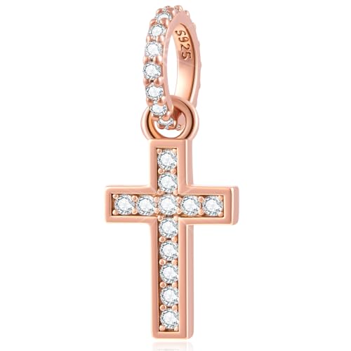 Rosegold Funkelnd Kreuz Charms passen Pandora Armband Halskette, Pave CZ Glaube Kreuz Anhänger Christlich Perlen in 925 Sterling Silber, Geschenke für Gott Mama/Tochter/Freunde von GLOWDAS