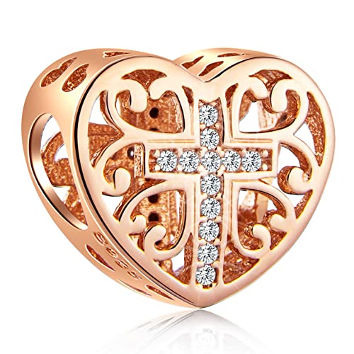 Rosegold Kreuz im Herzen Charms passen Pandora Religiöse Armband, 925 Sterling Silber Christlich Gebet Kreuz Halskette Perlen, Glaube Hoffnung Charm Geschenke für beste Freunde/Oma/Muttertag von GLOWDAS