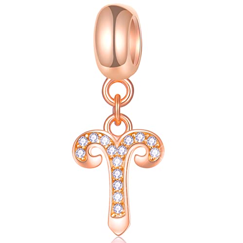 Widder Sternzeichen Charms passt Pandora Geburtstag Armband – Rose Gold 925 Sterling Silber Halskette Anhänger, 12 Constellation Dangle CZ Perlen, Geschenke für Tochter/Frau/St Patricks Tag von GLOWDAS