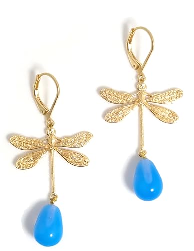 GLOWYBOX Ohrhänger Libelle 14ct GOLD plattiert mit handmade Kristallglastropfen crysolite opal Länge 3,5cm WOW-Geschenkidee für Frau Damen Kind Mädchen hellblau von GLOWYBOX
