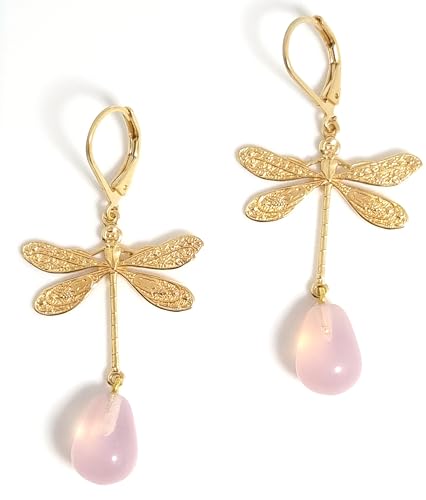 GLOWYBOX Ohrhänger Libelle 14ct GOLD plattiert mit handmade Kristallglastropfen crysolite opal Länge 3,5cm WOW-Geschenkidee für Frau Damen Kind Mädchen rosa von GLOWYBOX