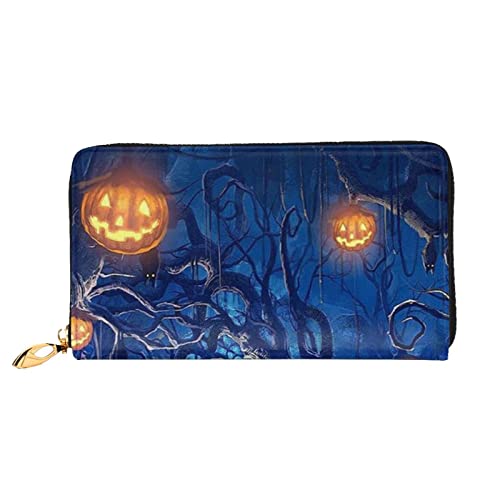 Hawaiianische Damen-Geldbörse, Kunstleder, Reißverschluss, Clutch, Handgelenk, lange Geldbörse für Damen, Halloween-Kürbisbaum, Blau, Einheitsgröße von GLRTORE