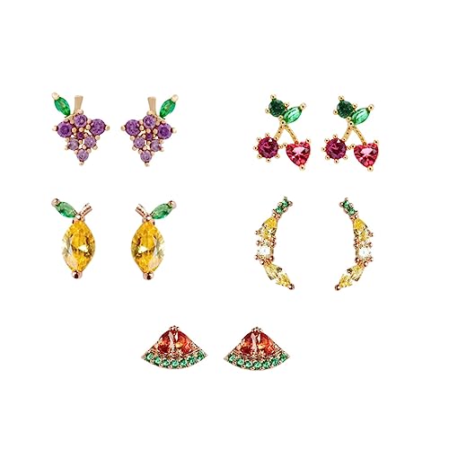 GLSTOY 5 Paare Fruchtige Ohrringe Silber mit Rhinestones Kreative Ohrstecker Lemon Traube Wassermelone und Herz Kirsche für Damen Stilvolle Ohraccessoires für von GLSTOY