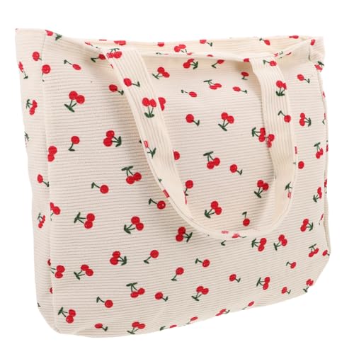 GLSTOY Corduroy Tote Bag Damen Groß Cherry Muster Sommer Große Kapazität Schultertasche Modisch Praktisch für Arbeit Freizeit Einkauf von GLSTOY