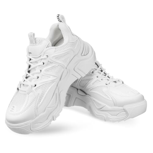 GLSTOY Damen Chunky Sneakers mit Dicken Sohlen Modische Weiße Sportschuhe aus Strapazierfähigem PU rutschfeste Sohlen für Vielseitigen Alltag Bequeme Schnürschuhe für Frauen von GLSTOY