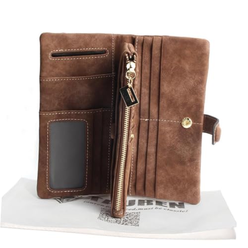 GLSTOY Damen Geldbörse aus PU mit Reißverschluss und Schnalle Mehrfachfach Portemonnaie mit Spitzen Design Handliche Clutch Geldbeutel für Frauen Kaffee Farbe Praktischer Organizer von GLSTOY