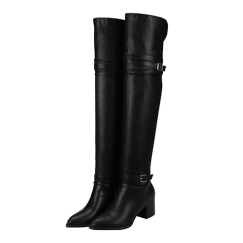 GLSTOY Damen Overknee Stiefel mit Hohem Absatz Pu oberfläche Rutschfeste Gummisohle Dicker Absatz Lang Geschnitten Warm und Strapazierfähig für Herbst und Winter für Outdoor Party Arbeit von GLSTOY