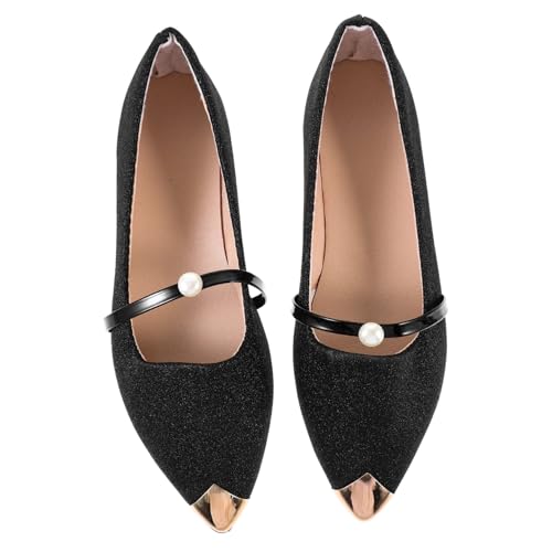 GLSTOY Damen Pearl Pumps Spitze Flache Sommerschuhe Verschleißfest Nude Farbe Leichte und Bequeme Halbschuhe für Büro Alltag und Besondere Anlässe Schwarz von GLSTOY
