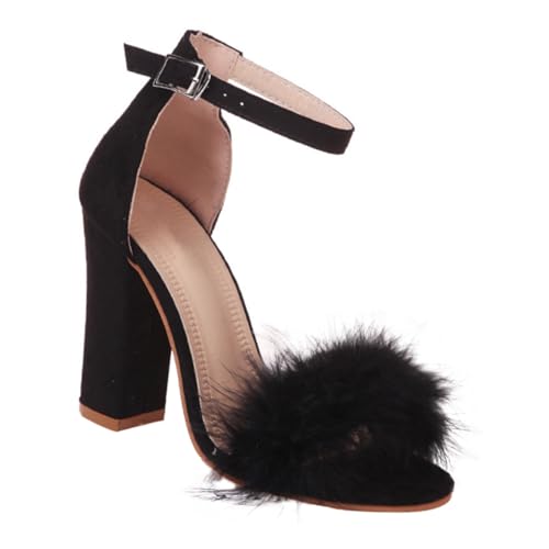 GLSTOY Damen Sandalen mit Absatz Sommer Schuhe Elegant Chunky High Heels Offener Zeh Kunstfell Detail Party Freizeit Hochzeit Schuhe Schwarz von GLSTOY