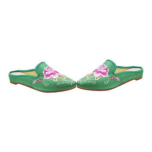 GLSTOY Damen Slippers mit Ethno Stickerei Grün Atmungsaktive Stoffhausschuhe Bequeme TPR Sohle Modische Freizeit Pantoletten für Alltag und Sommer von GLSTOY