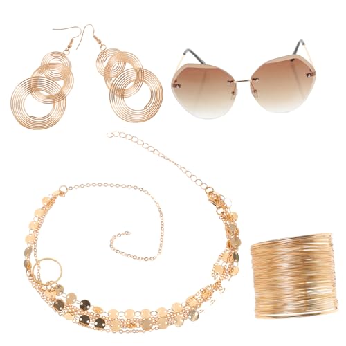 GLSTOY Disco Schmuck Damen Hippie Party Teilig Layered Halskette Ohrstecker Rimless Sonnenbrille Goldfarben Modisch Robust Angenehm von GLSTOY