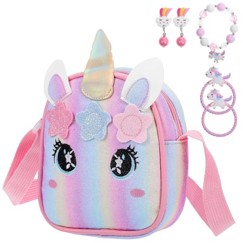 GLSTOY Einhorn Handtasche Mit Schmuckset Dekorative Umhängetasche Für Damen Süße Cartoon-geldbörse Mit Einhorn-Stickmuster Und Verstellbarem Riemen von GLSTOY