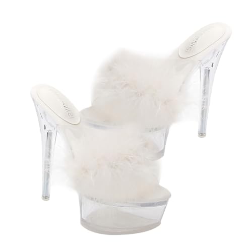GLSTOY Fluffige High Heel Sandalen Damen mit Dünnem Absatz und Elegantem Design Weiche Slippers mit Flauschiger Verzierung Stilvolle Party und Geschenkidee für Frauen und Mädchen Weiß von GLSTOY