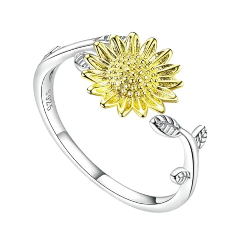 GLSTOY Verstellbarer Sonnenblumenring Sterling Silber Offener Damenring mit Zartem Blattdesign Nickelfrei Modischer Schmuck für Alltag Party Hochzeit und Besondere Anlässe von GLSTOY