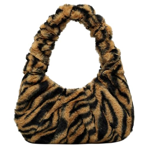 GLSTOY Winter Plüsch Schultertasche Damen Handtasche Flauschige Armpit Bag mit Streifen Braun Mode Umhängetasche für Alltag Party Shopping Mittlere Kapazität Weiches Material von GLSTOY