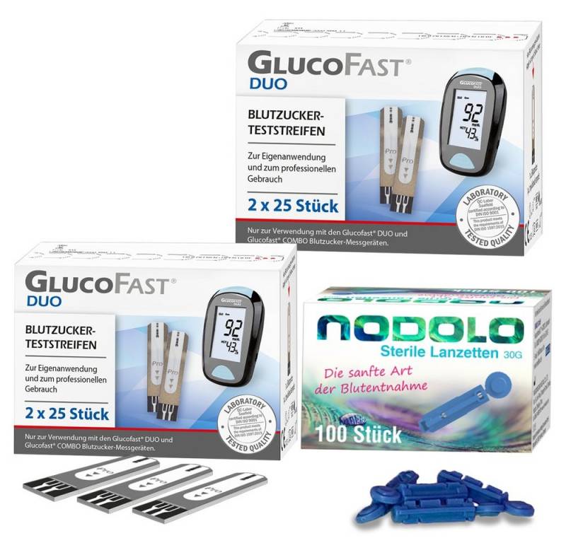GLUCOFAST Blutzucker-Teststreifen DUO, 100 Diabetes Teststreifen und 100 Nodolo Lanzetten 1-St., Für das Glucofast DUO GLUCOFAST Blutzucker-Teststreifen DUO, 100 Diabetes Teststreifen und 100 Nodolo Lanzetten 1-St., Für das Glucofast DUO von GLUCOFAST