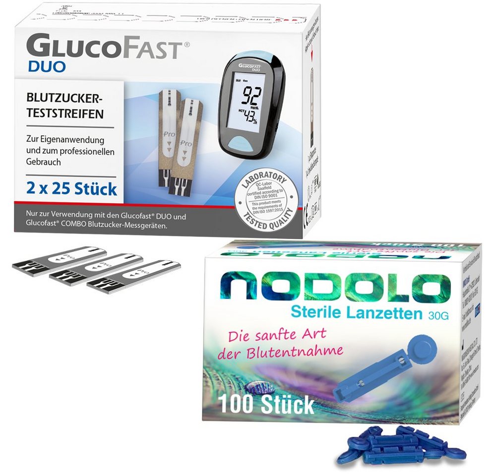 GLUCOFAST Blutzucker-Teststreifen DUO, 50 Stück und 100 Nodolo Lanzetten 1-St., Kombiset GLUCOFAST Blutzucker-Teststreifen DUO, 50 Stück und 100 Nodolo Lanzetten 1-St., Kombiset von GLUCOFAST