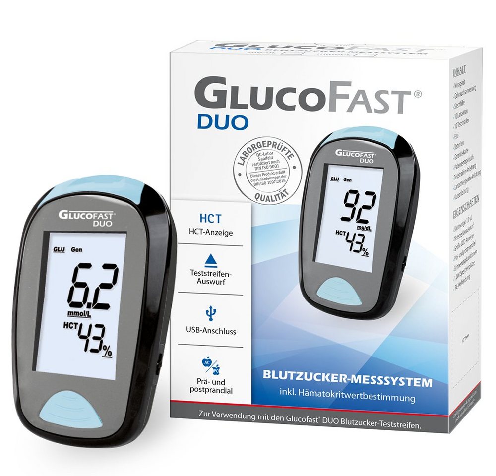 GLUCOFAST Blutzuckermessgerät DUO Maßeinheit in MG, Starterset, Ink. 10 Tetsteifen, 10 Lanzetten und Lanzettiergerät, Blutzucker und Hämatokritwert mit einer Messung bestimmen GLUCOFAST Blutzuckermessgerät DUO Maßeinheit in MG, Starterset, Ink. 10 Tetsteifen, 10 Lanzetten und Lanzettiergerät, Blutzucker und Hämatokritwert mit einer Messung bestimmen von GLUCOFAST