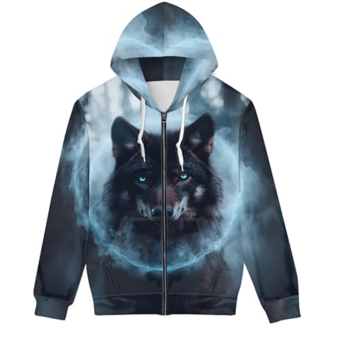 GLUDEAR Herren-Kapuzenpullover, cooler Wolf, 3D-Digitaldruck, durchgehender Reißverschluss, Circle Smoke Wolf, X-Large von GLUDEAR