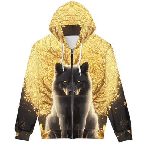 GLUDEAR Herren-Kapuzenpullover, cooler Wolf, 3D-Digitaldruck, durchgehender Reißverschluss, Gold Tree Herbstblattwolf, Large von GLUDEAR