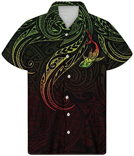 GLUDEAR Herren Sommer Polynesian Geometrische Knopfleiste Kurzarm Hawaiihemd, Polynesischer Fisch Samoa Green, 4X-Groß von GLUDEAR