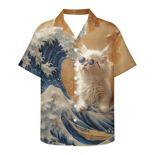 GLUDEAR Herren Van Gogh The Great Wave Off Kanagawa 3D Print Casual Button Down Shirt, Kanagawa Cat the Great Wave, L von GLUDEAR