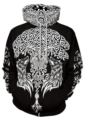GLUDEAR Herren Vikings Tattoo nordische Mythologie Grafik 3D Druck Hoodie Pullover Sweatshirt Hoodies, Z Viking Tree Fenrir Wolf, 6X-large von GLUDEAR