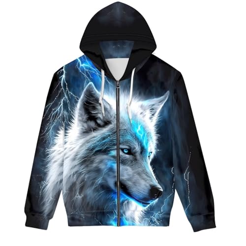 GLUDEAR Unisex Realistischer 3D-Digitaldruck Full Zip Hoodie Jacken Kapuzen-Sweatshirt, Beleuchtung Cool Blue Wolf, X-Small von GLUDEAR