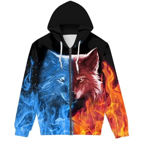 GLUDEAR Unisex Realistischer 3D-Digitaldruck Full Zip Hoodie Jacken Kapuzen-Sweatshirt, Blau-orangefarbener Feuerwolf, Large von GLUDEAR