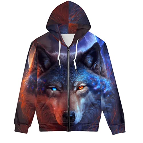 GLUDEAR Unisex Realistischer 3D-Digitaldruck Full Zip Hoodie Jacken Kapuzen-Sweatshirt, Blauer Wolfskopf Galaxie, X-Large von GLUDEAR