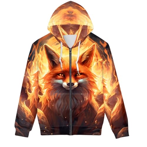 GLUDEAR Unisex Realistischer 3D-Digitaldruck Full Zip Hoodie Jacken Kapuzen-Sweatshirt, Fire Moon Fox, X-Large von GLUDEAR