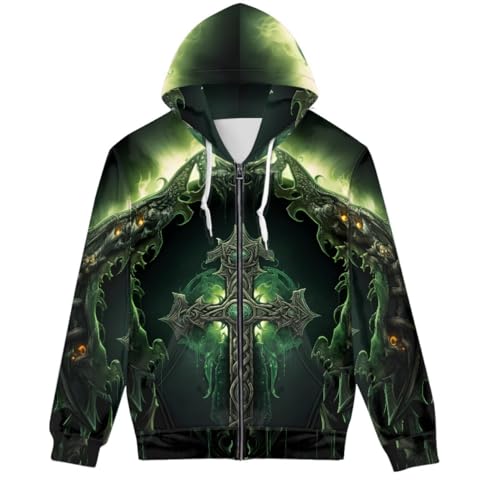GLUDEAR Unisex Realistischer 3D-Digitaldruck Full Zip Hoodie Jacken Kapuzen-Sweatshirt, Grüne Beleuchtung Kreuz, XXX-Large von GLUDEAR