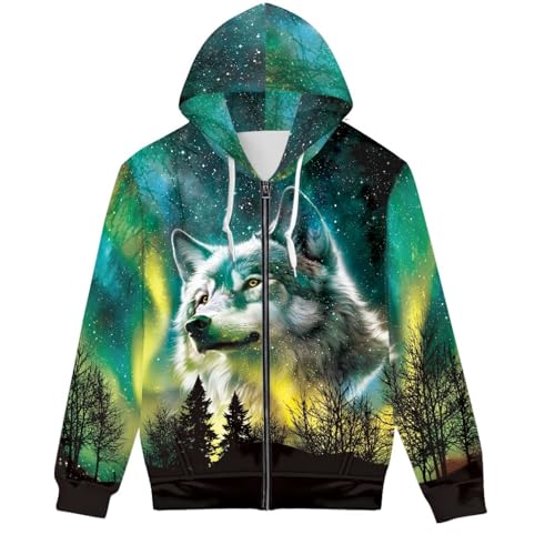 GLUDEAR Unisex Realistischer 3D-Digitaldruck Full Zip Hoodie Jacken Kapuzen-Sweatshirt, Grüner Aurora Wald Wolf, 4X-Large von GLUDEAR